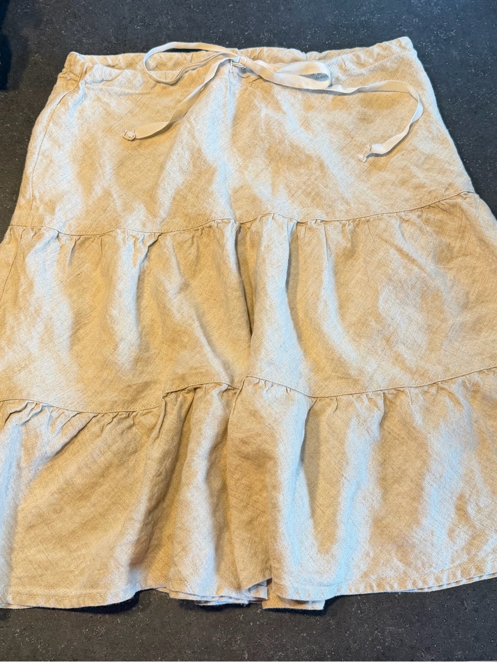 Allen Allen XS 100% Linen Tiered Midi Skirt Beige Drawstring